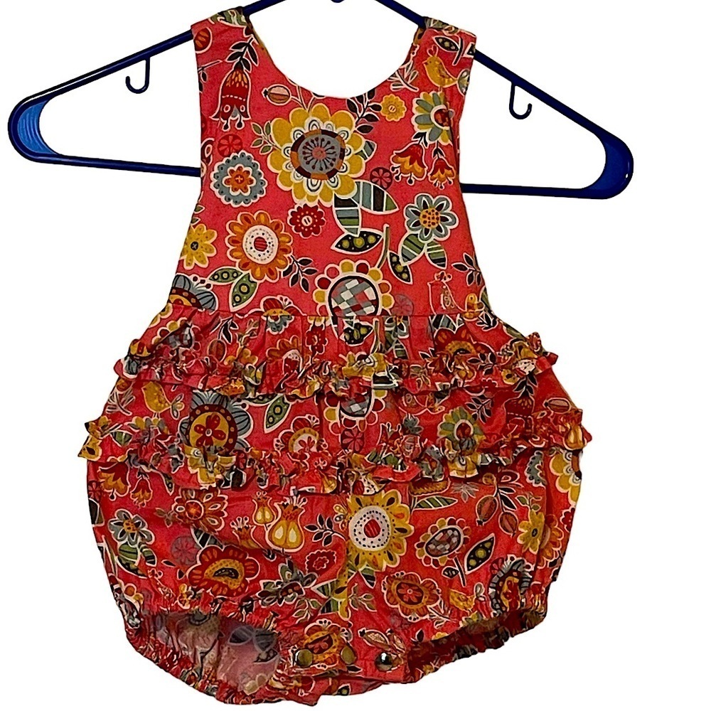 Coral Print Girls Handmade Criss Cross Strap Romper 12M Snap Closure